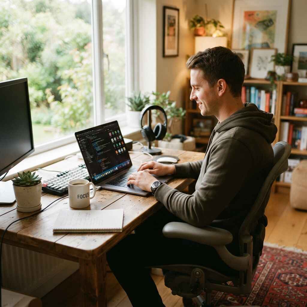 Marketer coordinating a guest post placement at a sunlit desk