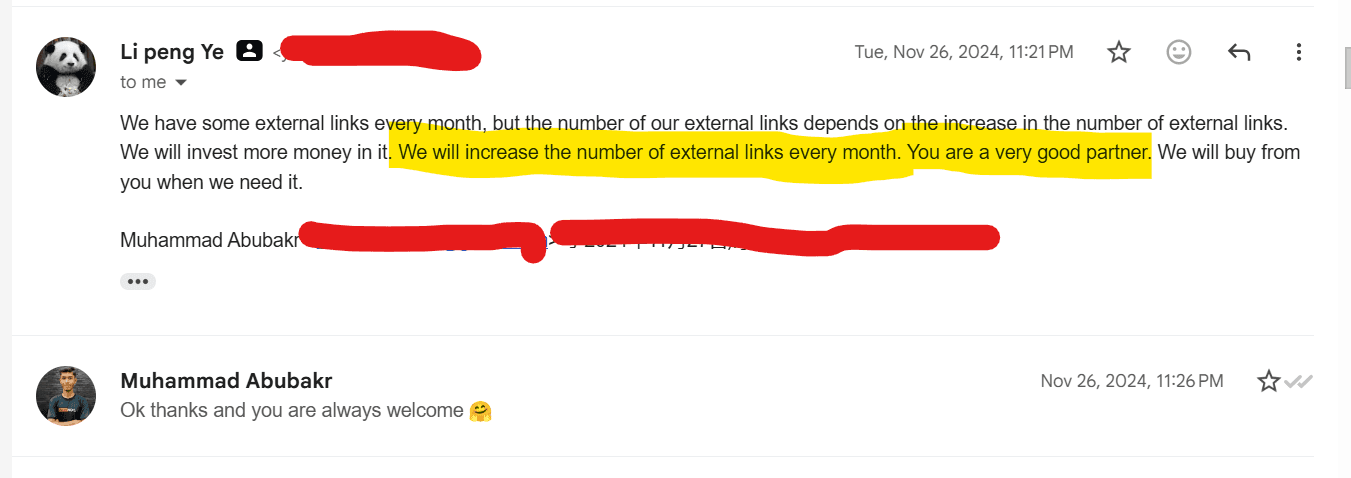 Le Peng Ye client testimonial and review for Rank Bloom Outreach guest posting services - satisfied customer feedback about premium editorial backlinks, white-hat SEO services, and successful link building campaigns