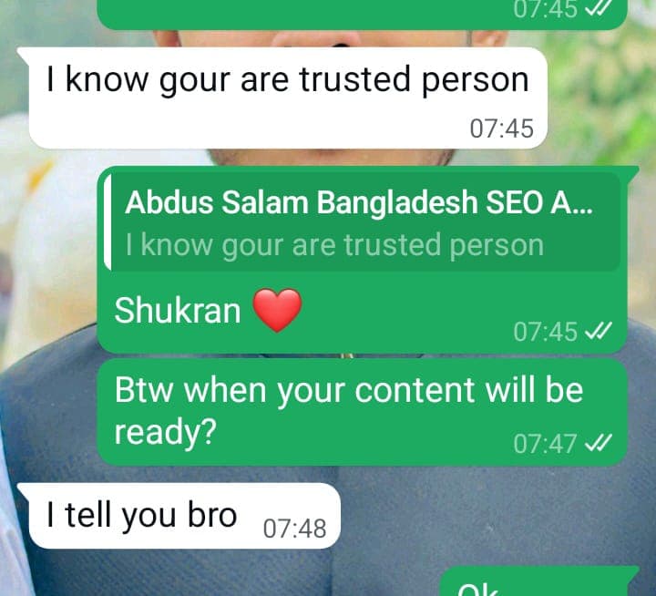 WhatsApp client review from Bangladesh - satisfied customer testimonial expressing trust in Rank Bloom Outreach guest posting services and high-quality backlink building